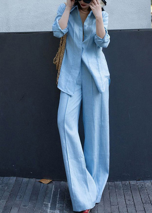 Fashion Blue Peter Pan Collar Linen Shirts And Wide Leg Pants Two Pieces Set Long Sleeve