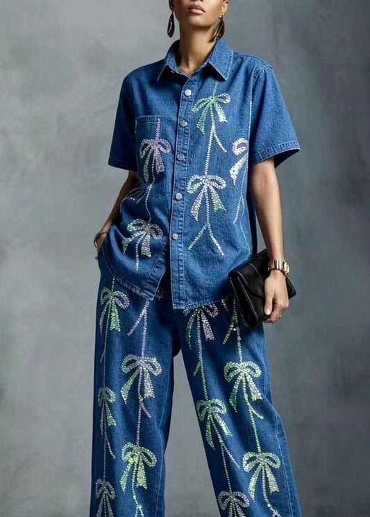 Fashion Blue Peter Pan Collar Zircon Denim Two Pieces Set Summer