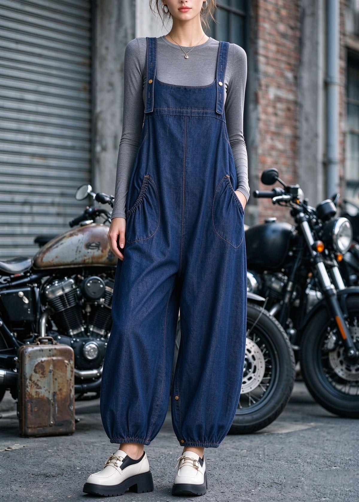 Fashion Blue Pockets Denim Lantern Jumpsuits Fall