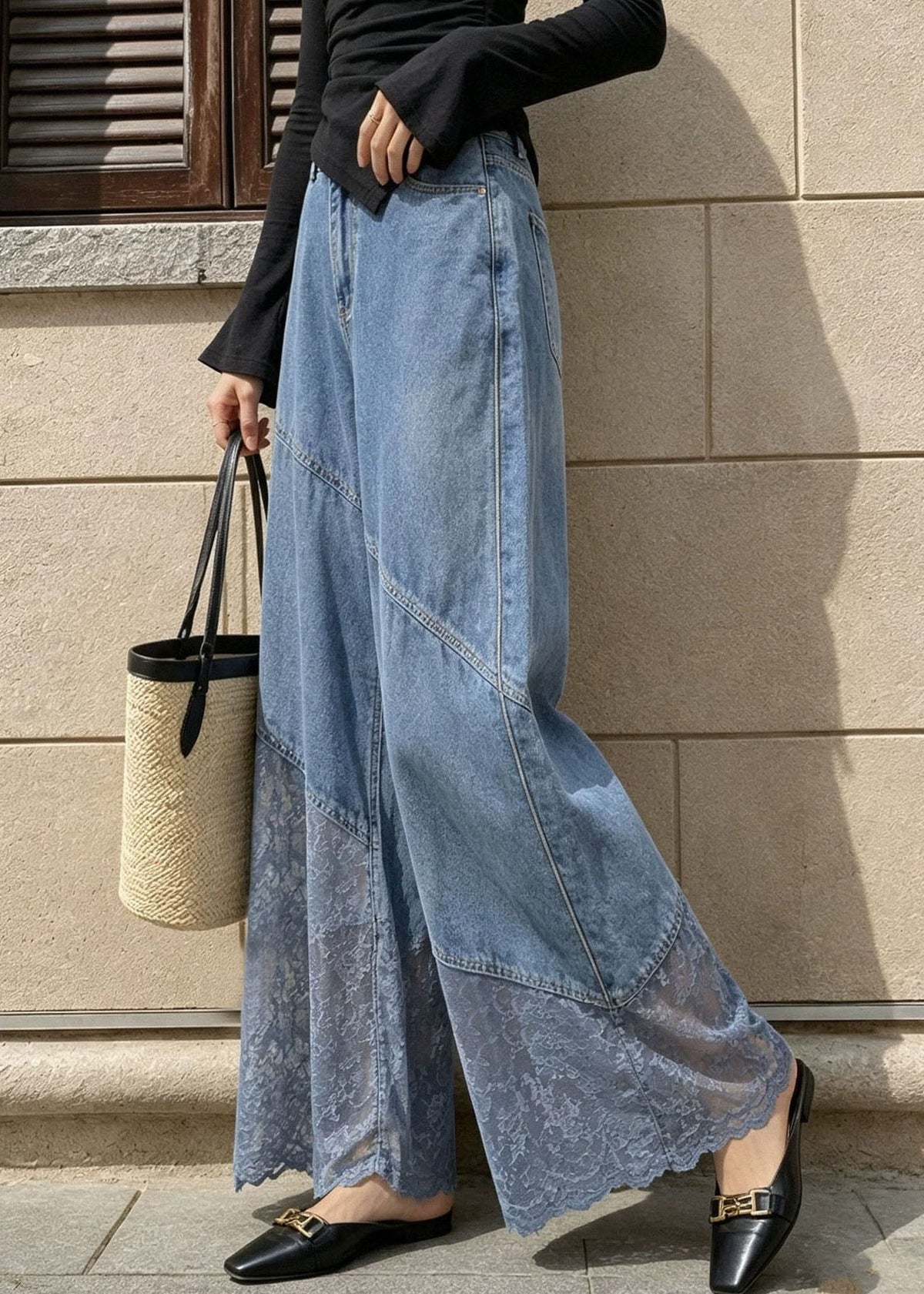 Fashion Blue Pockets High Waist Lace Patchwork Wide Leg Jeans Fall