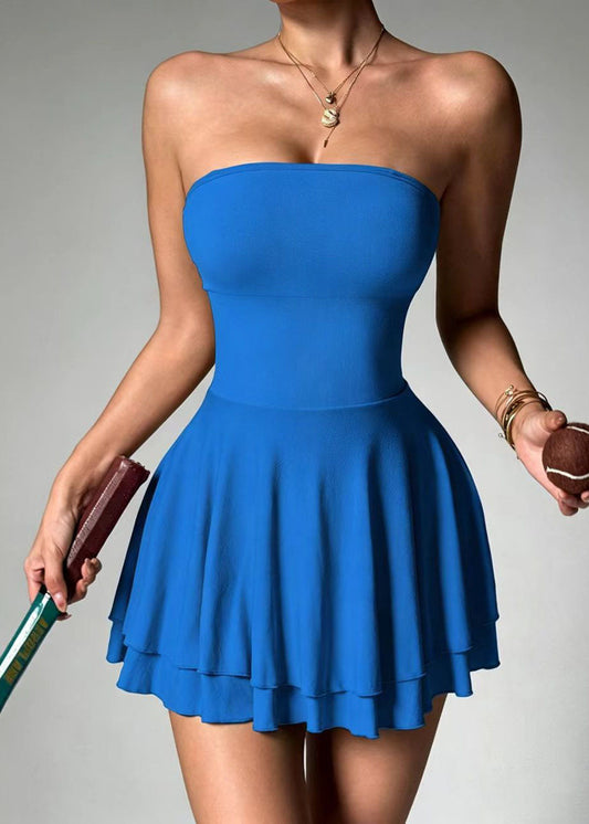 Fashion Blue Strapless Layered Built-In Shorts Mini Dress Summer