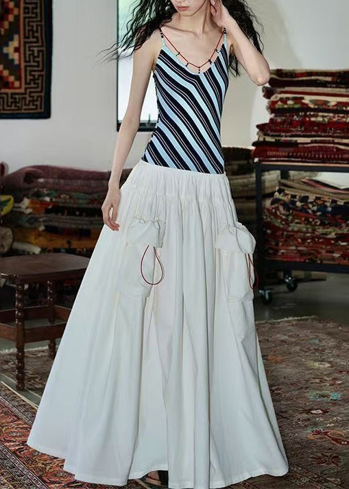 Fashion Blue Striped Patchwork Cotton Fake Two Piece Dresses Summer