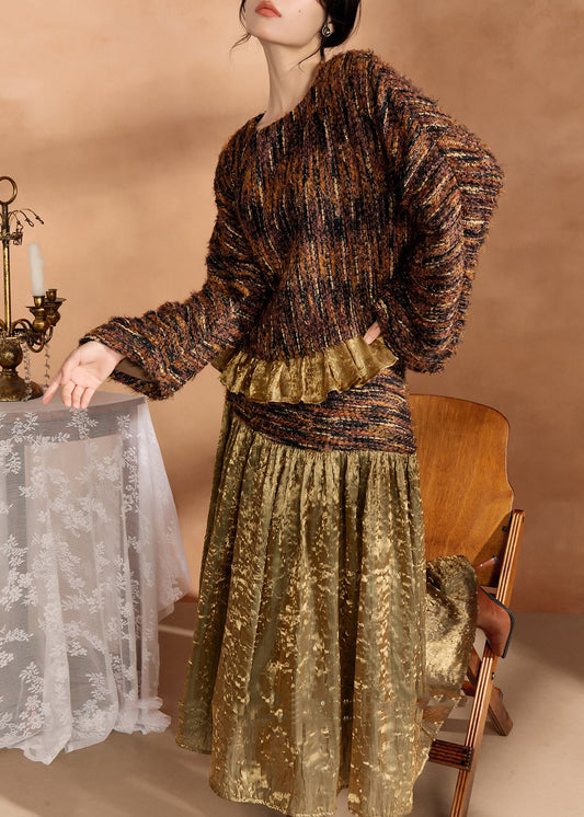 Fashion Brown Knit Sweaters And Silk Skirts Two Pieces Set Spring