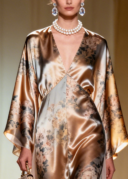 Fashion Champagne Print Tulle Patchwork Silk Maxi Dress Summer