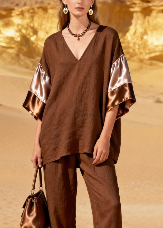 Fashion Coffee V Neck Patchwork Linen Silk Two Piece Set Spring