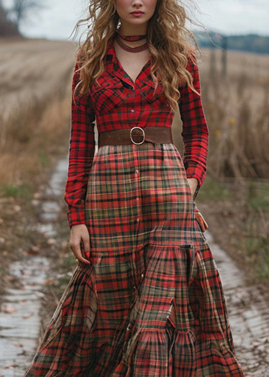 Fashion Colorblock Plaid Wrinkled Cotton Maxi Dresses Long Sleeve