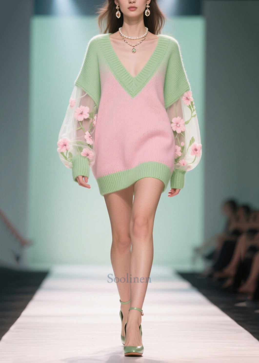 Fashion Colorblock V Neck Patchwork Tulle Long Sweaters Fall