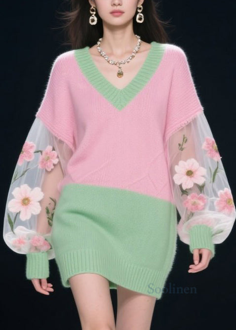 Fashion Colorblock V Neck Tulle Floral Patchwork Knit Dress Fall