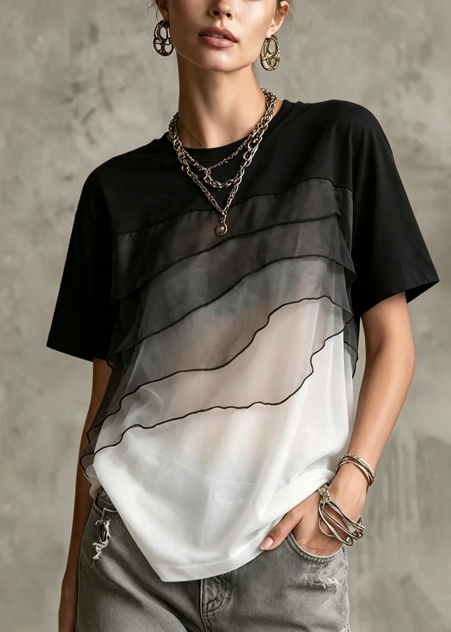 Fashion ColorblockC Oversized Patchwork Tulle Shirt Top Summer