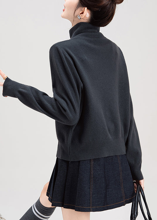 Fashion Dark Grey Zip Up High Neck Knit Sweaters Coat Spring