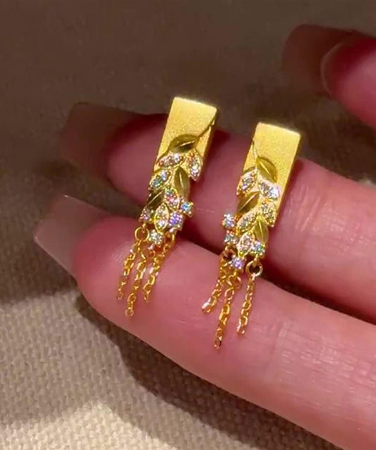 Fashion Gold Copper Alloy Zircon Fallen Leaves Tassel Stud Earrings