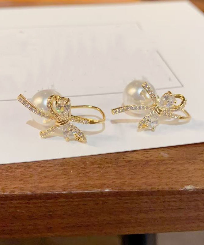 Fashion Gold Copper Overgild Zircon Bow Pearl Stud Earrings