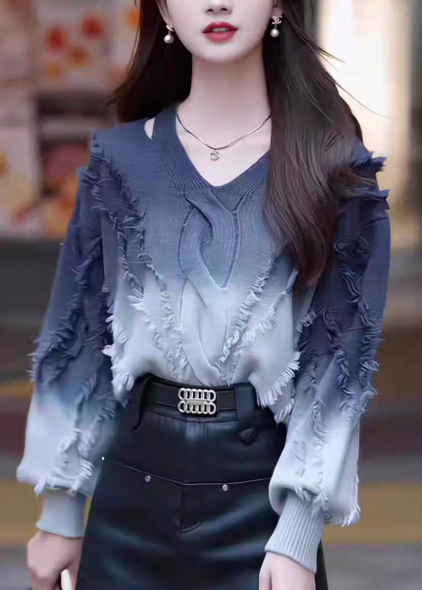 Fashion Gradient Color Tassel Knitted Sweater Tops Fall