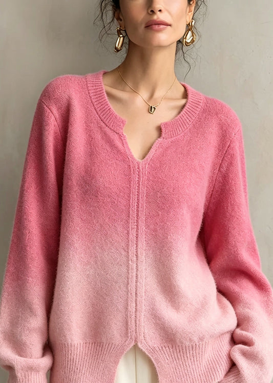 Fashion Gradient Color V Neck Thick Knit Sweaters Fall