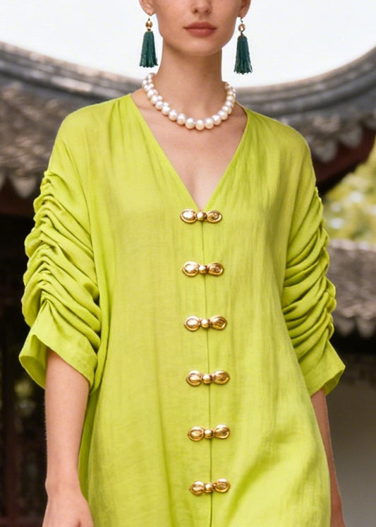 Fashion Green Chinese Button Wrinkled Cotton Vacation Dresses Summer