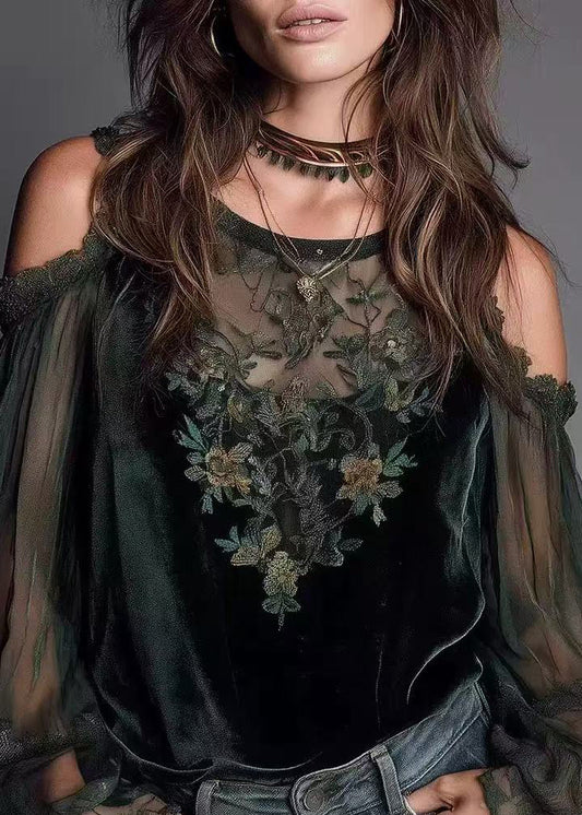 Fashion Green Cold Shoulder Patchwork Velour Shirt Tops Spring