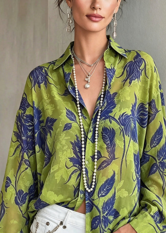 Fashion Green Peter Pan Collar Print Chiffon Shirt Top Long Sleeve