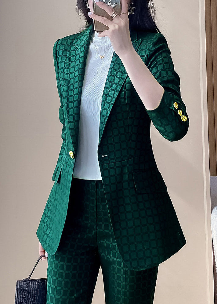 Fashion Green Plaid Blazer And Straight Pants Two Piece Set Long Sleeve