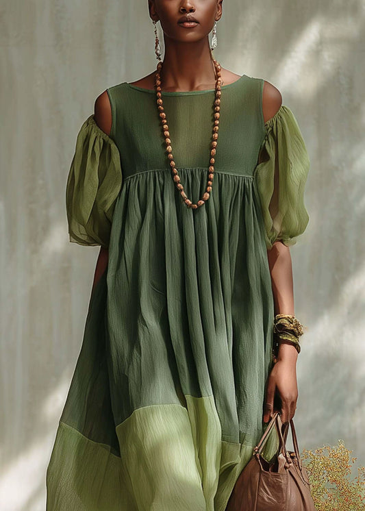 Fashion Green Puff Sleeve Patchwork Cotton Vacation Dress
