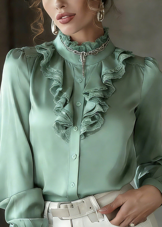 Fashion Green Ruffled Patchwork Silk Shirt Lantern Sleeve