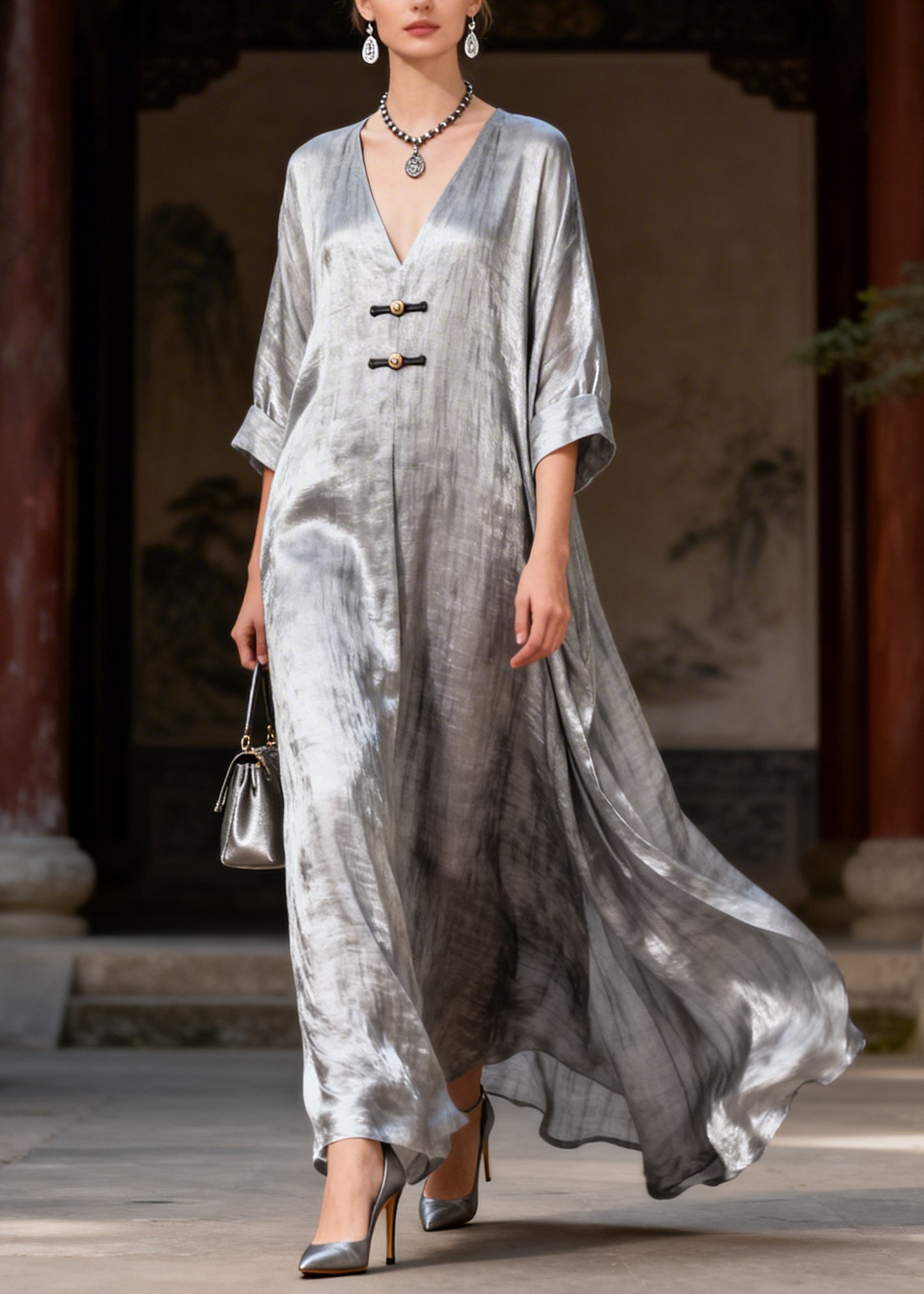 Fashion Grey Exra Large Hem Chinese Button Silk Maxi Dresses Summer