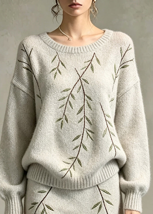 Fashion Grey Patchwork Cotton Knit Sweater And Skirts Two Pieces Set Long Sleeve