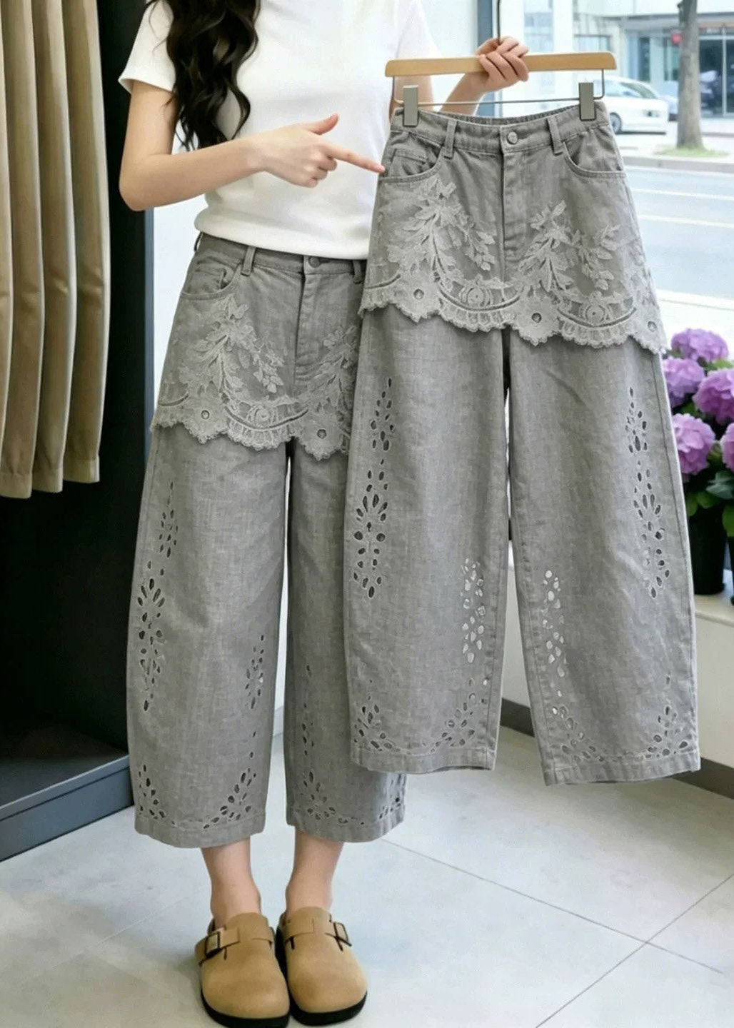 Fashion Grey Pockets Lace Patchwork Hollow Out Crop Pants