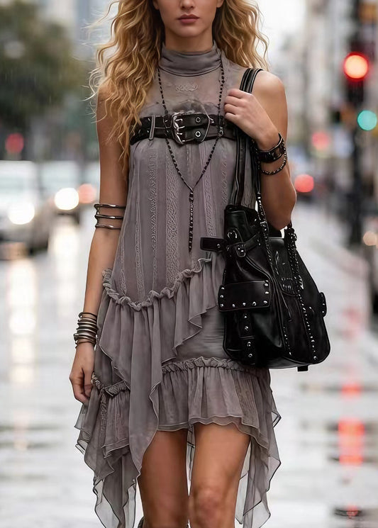Fashion Grey Ruffled Asymmetrical Patchwork Tulle Dress Sleeveless