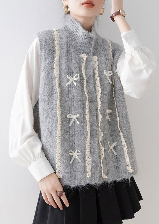 Fashion Grey Stand Collar Lace Patchwork Knit Vest Sleeveless