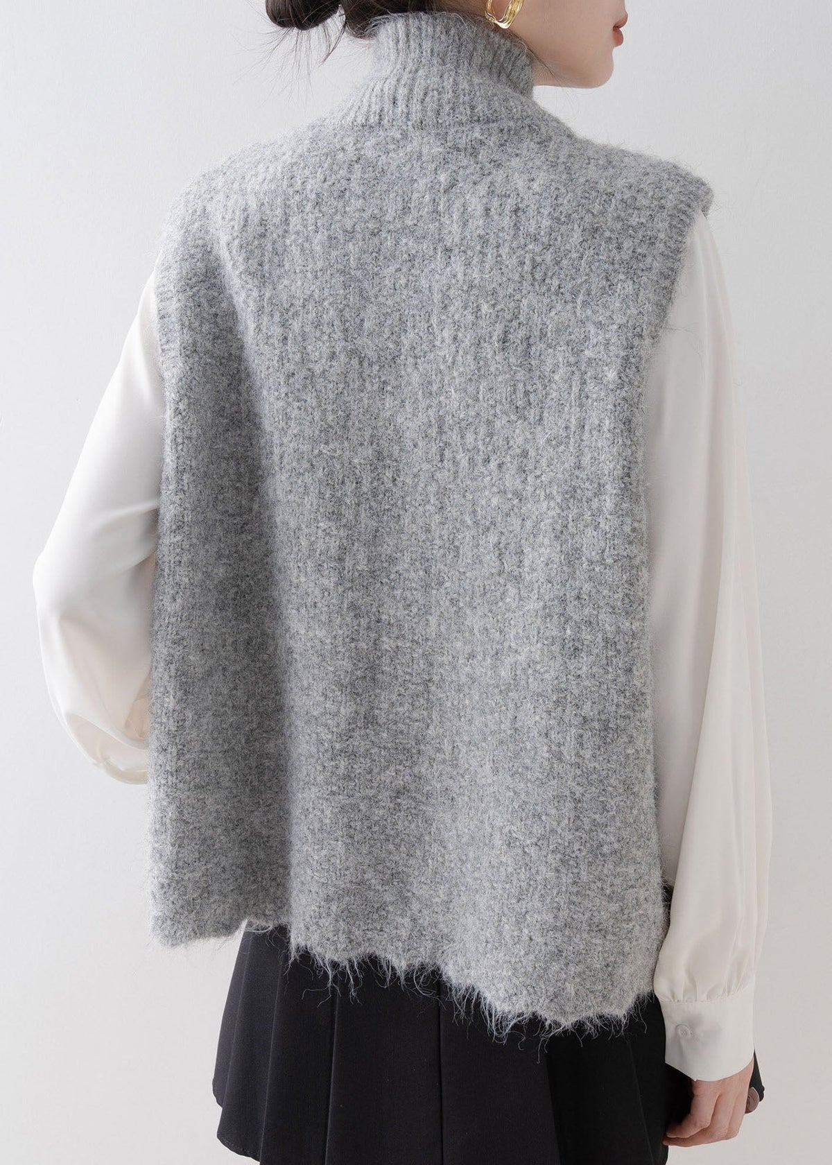 Fashion Grey Stand Collar Lace Patchwork Knit Vest Sleeveless