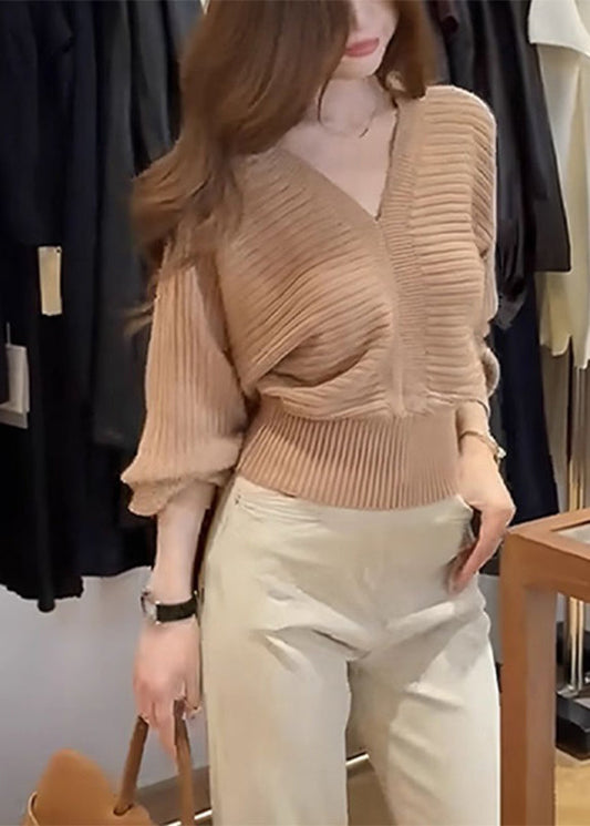 Fashion Khaki V Neck Patchwork Cozy Cotton Knit Sweater Spring