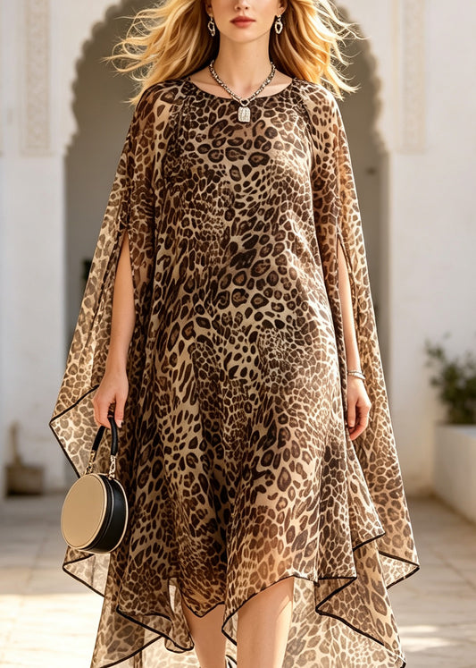 Fashion Leopard O Neck Asymmetrical Design Chiffon Dress Set Summer