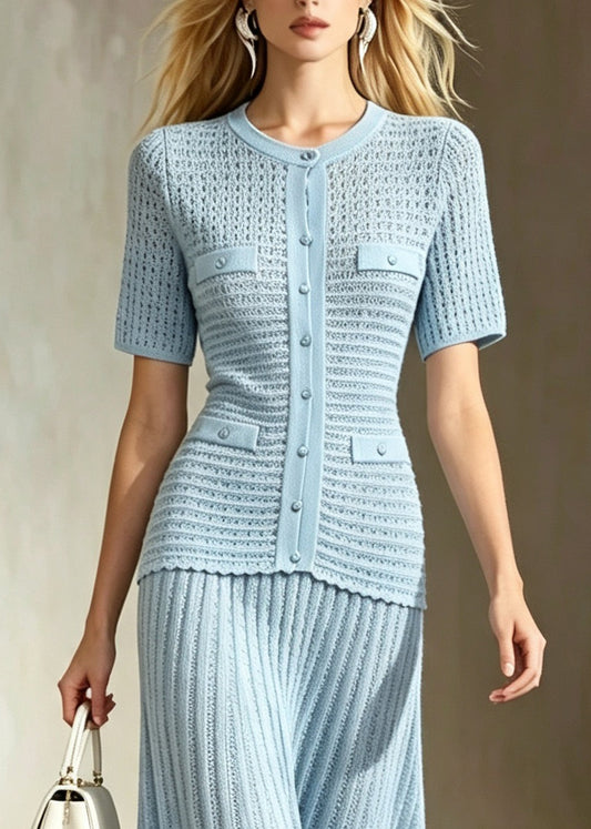 Fashion Light Blue O-Neck Button Party Dress Short Sleeve