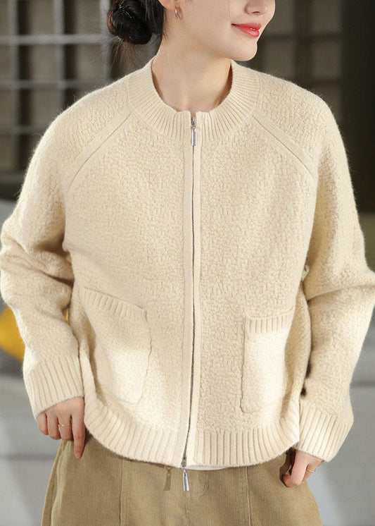 Fashion Light Grey Zippered Pockets Solid Cotton Knit Cardigan Winter