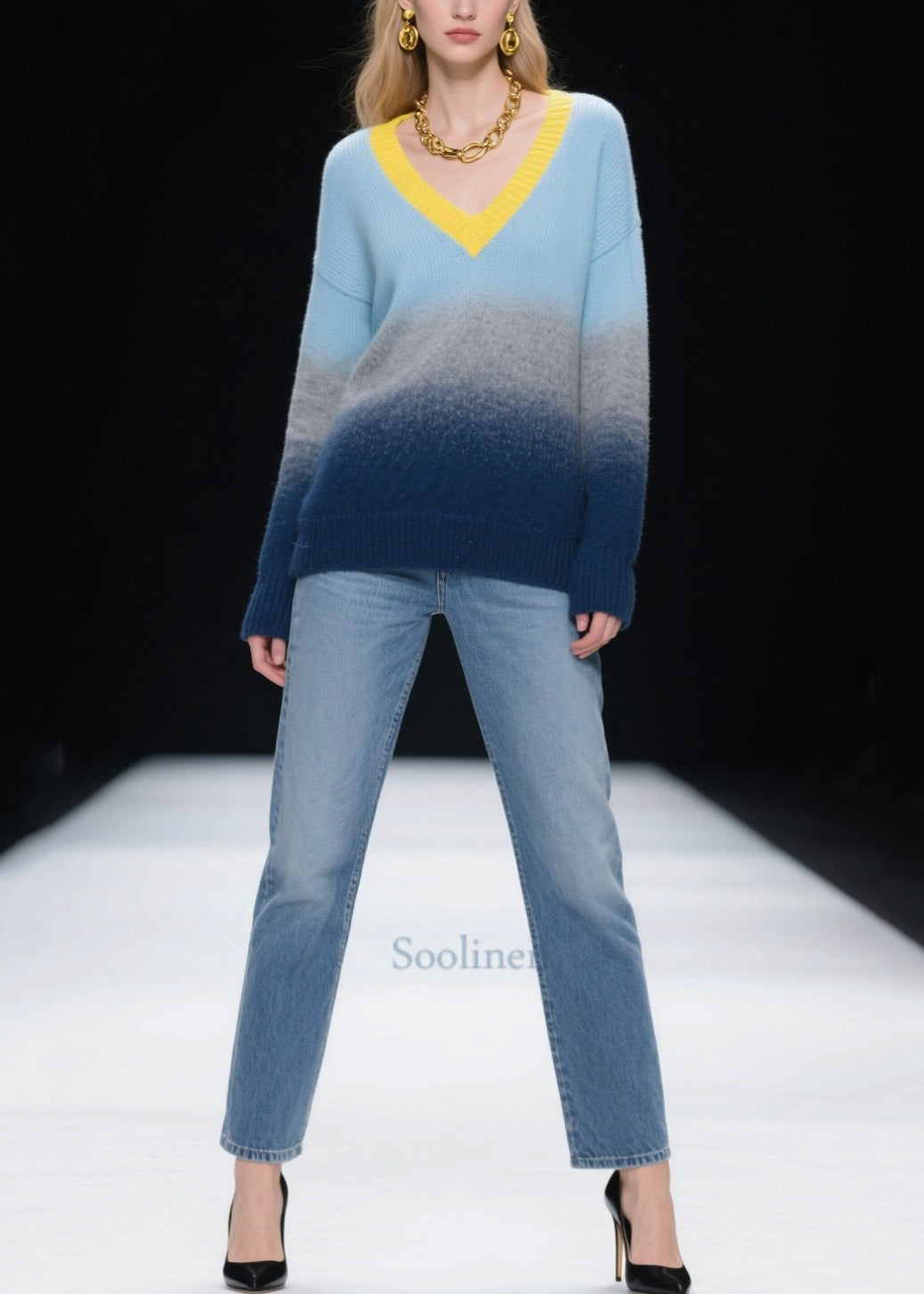 Fashion Mixed Color V Neck Warm Knitted Tops Winter