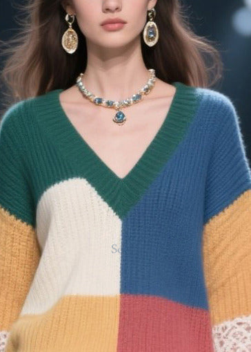 Fashion Multicolor V Neck Patchwork Lace Knit Pullover Fall