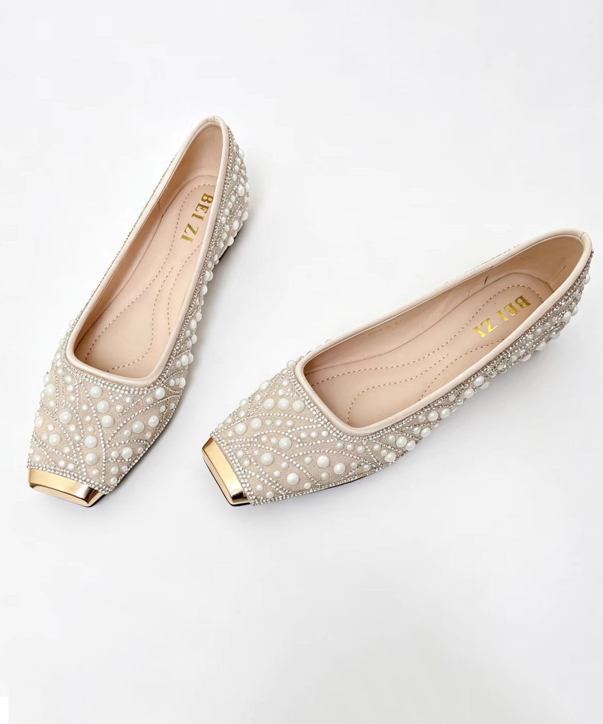 Fashion Nail Bead Zircon Splicing Penny Loafers Apricot Faux Leather