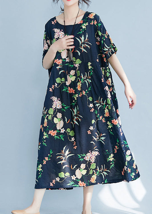 Fashion Navy O-Neck zippered Pocket Floral Print Dresses Short Sleeve