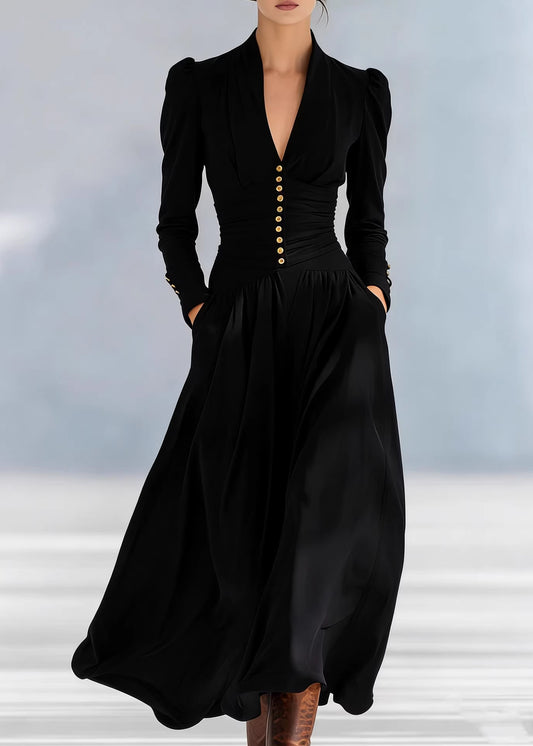 Fashion Navy V Neck Puff Sleeve Patchwork Cotton Long Dresses