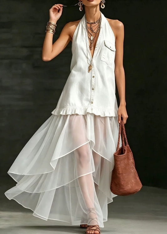 Fashion Navy V Neck Ruffled Patchwork Denim Dresses Sleeveless