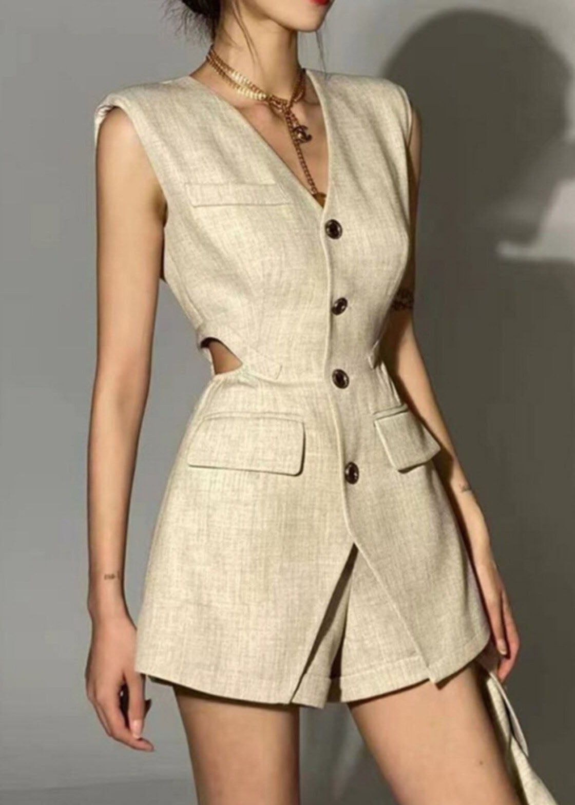 Fashion Notched Hollow Out Coats ,Waistcoat And Shorts Two Piece Set Fall