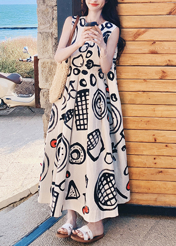 Fashion O Neck Graffiti Print Cotton Long Dress Sleeveless
