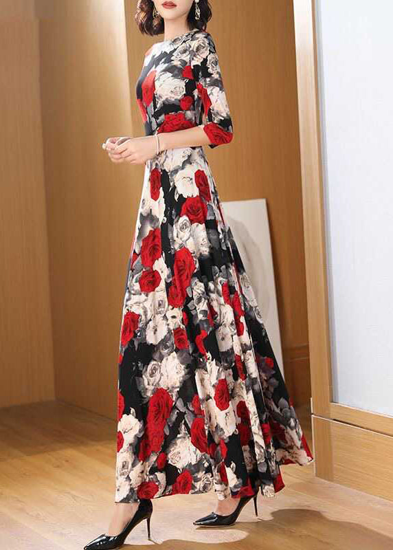 Fashion O Neck Print Chiffon Long Dress Bracelet Sleeve