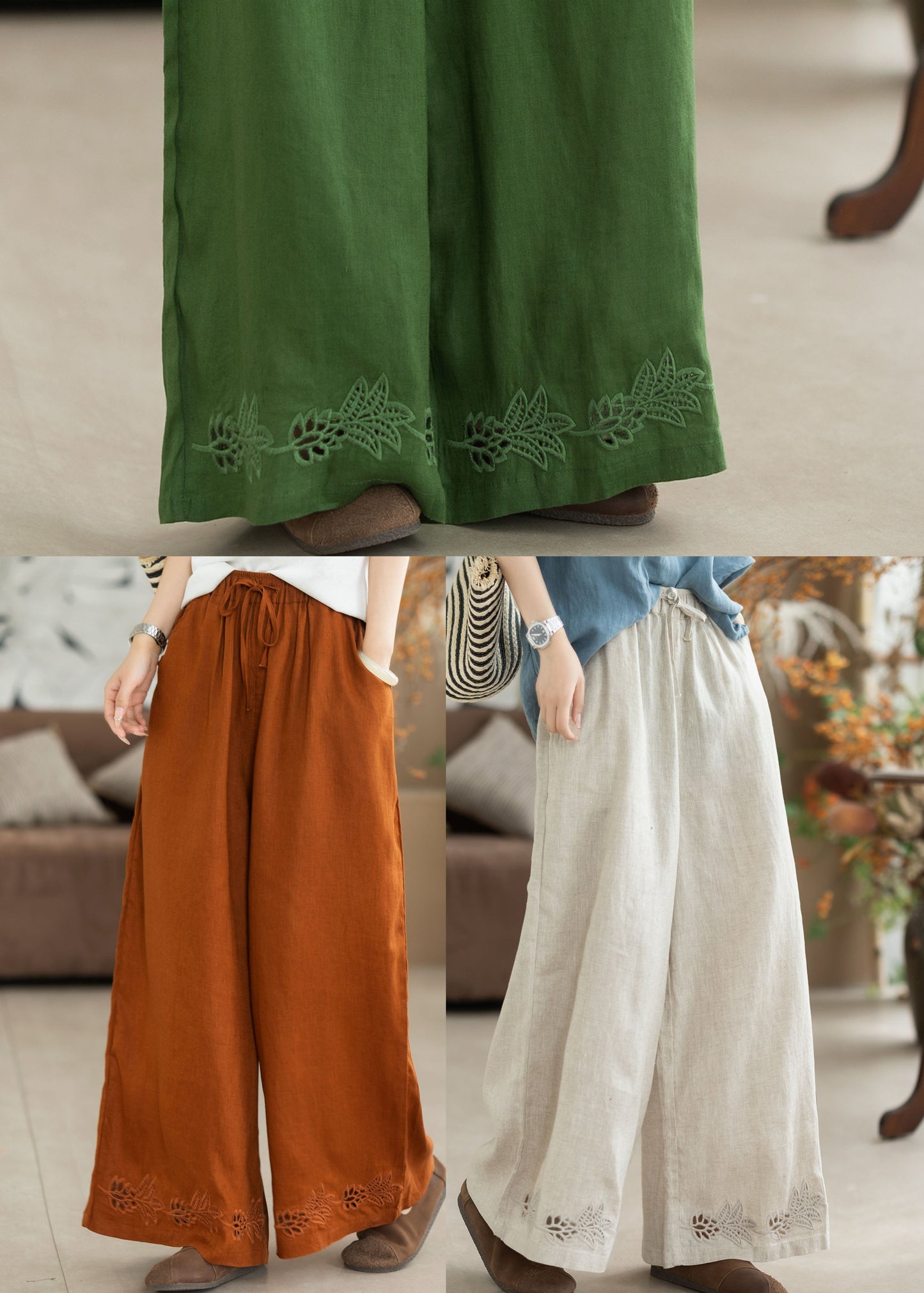 Fashion Orange Embroidered Oversized Linen Wide Leg Pants Summer
