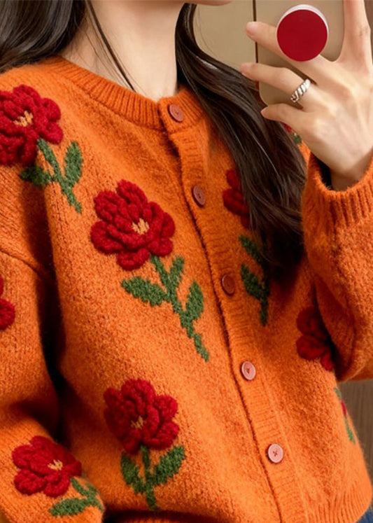 Fashion Orange O Neck Floral Knit Loose Cardigans Spring