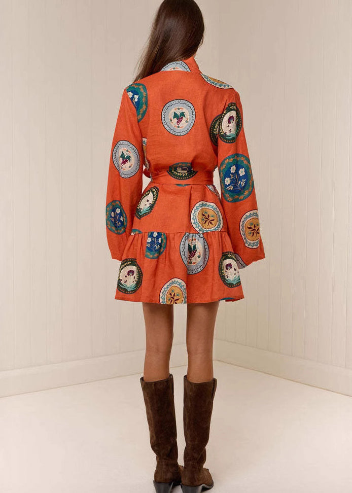 Fashion Orange Oversized Print Linen Dresses Lantern Sleeve