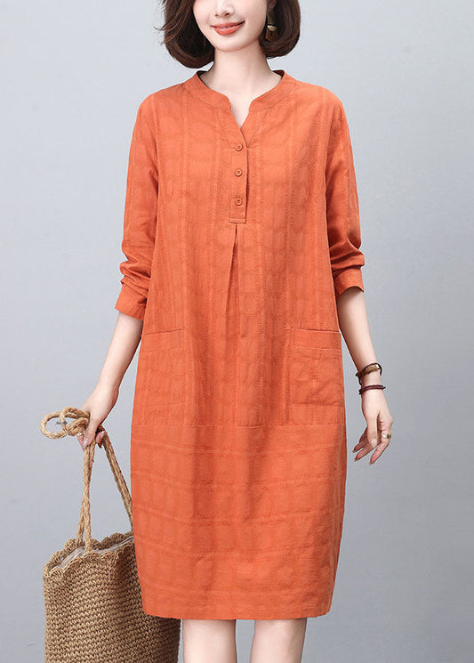 Fashion Orange Stand Collar Cotton Mid Dresses Spring