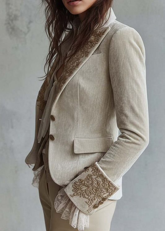 Fashion Peter Pan Collar Pockets Print Velvet Suit Coat Fall