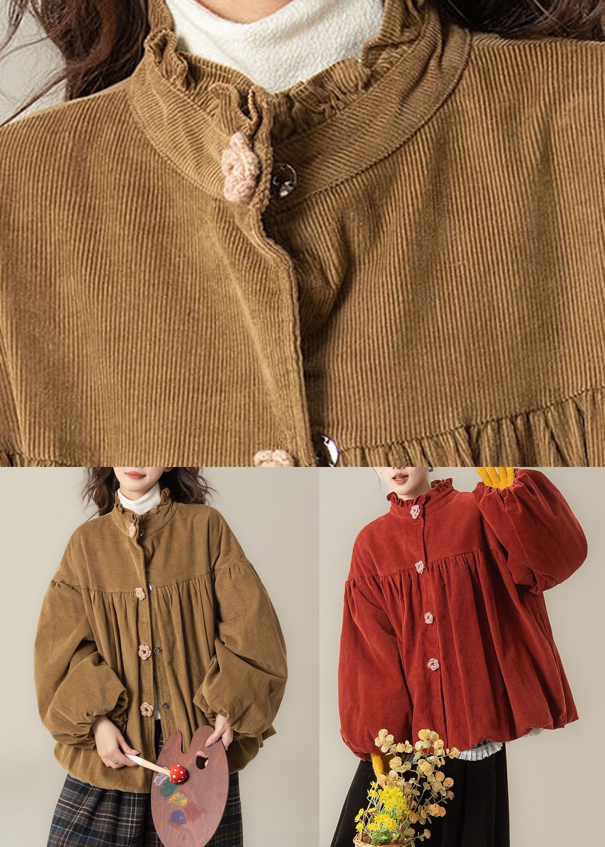 Fashion Pickled Vegetable Green Wrinkled Patchwork Corduroy Parka Winter