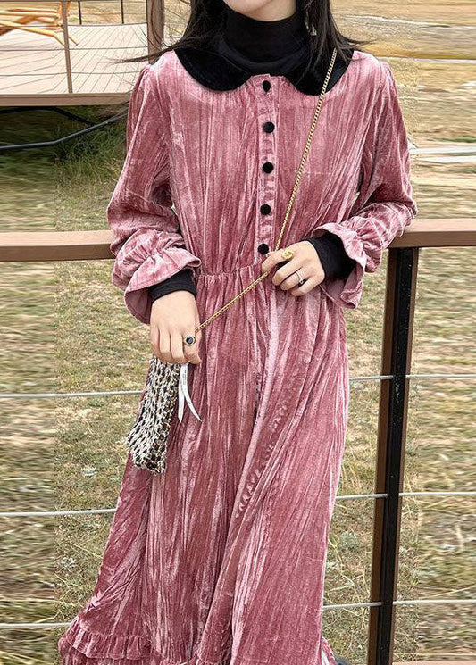 Fashion Pink Button Patchwork Velour Long Dresses Spring